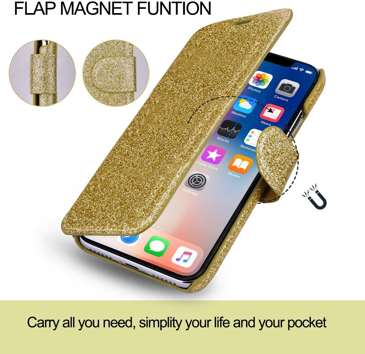 Filoto iPhone Xs Wallet Case, iPhone X Case, Premium PU Leather Glittery Bling Wallet Case with Card Holder/Magnetic Closure Flip Cover for Apple iPhone X/Xs iPhone 10 (Gold)
