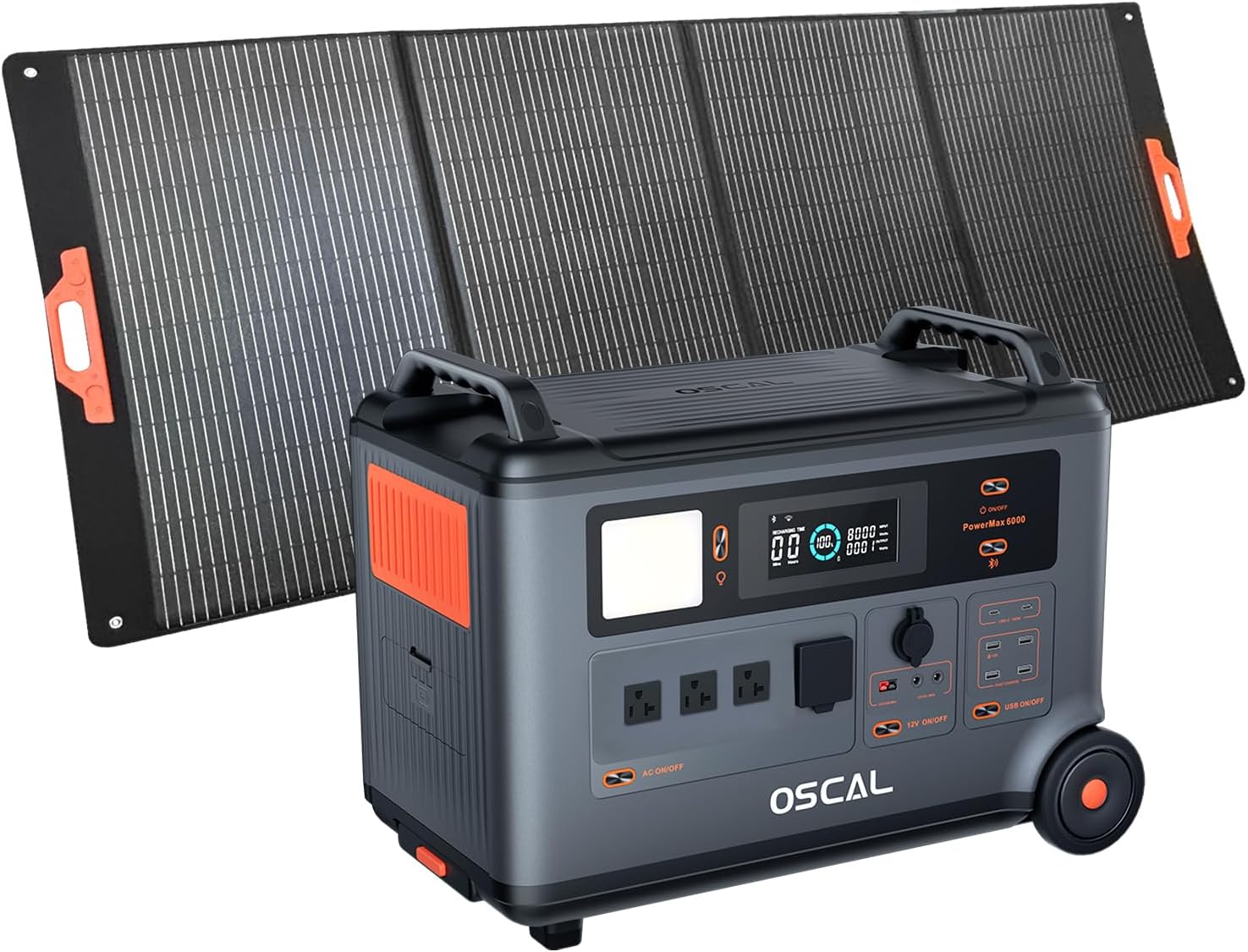 OSCAL PowerMax 6000 Portable Power Station with 400W Solar Panel, 3600Wh LFP Battery Power Station, Expandable to 57.6kWh, 120/240V Split Phase Voltage 6000W AC Outlets (9000W Peak)