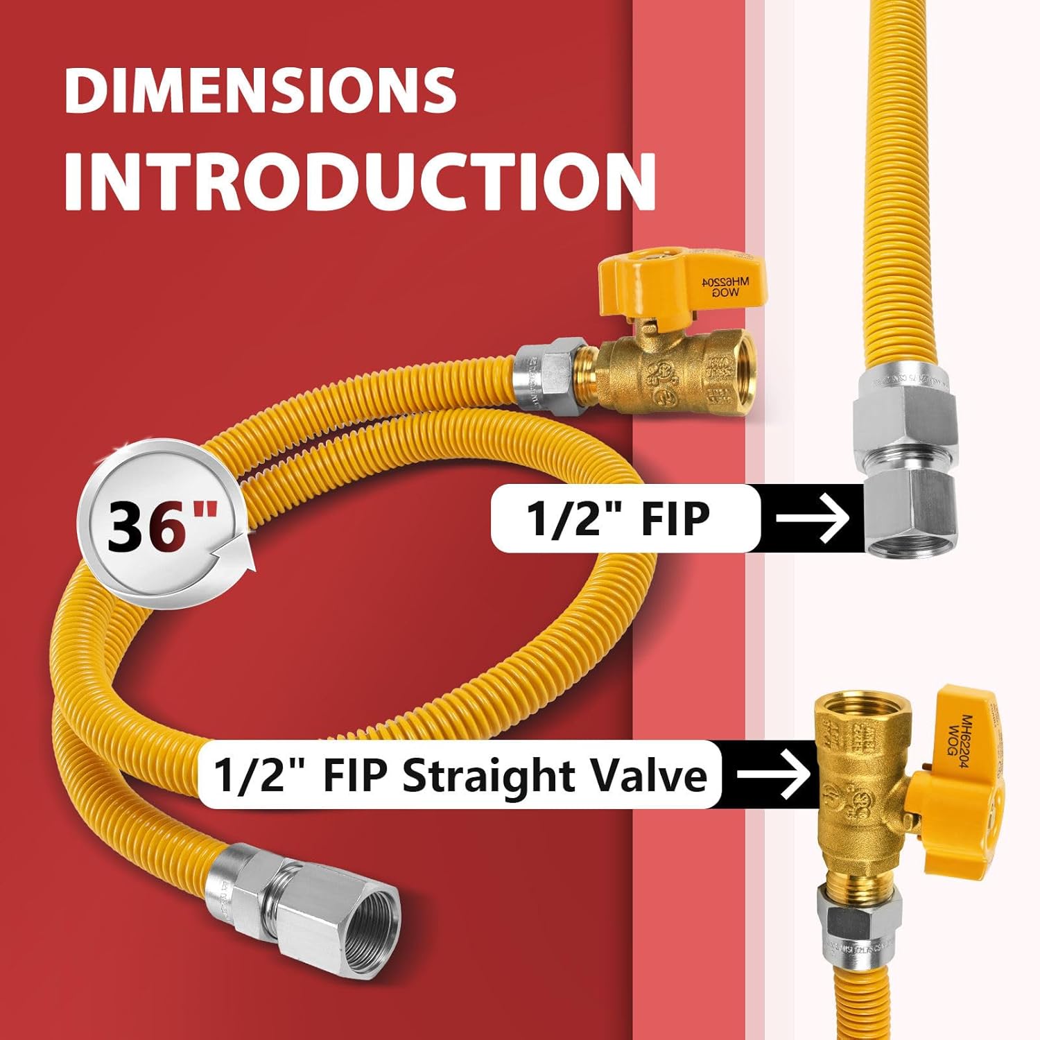 (Pack of 5) Efield 36-Inch Flexible Gas Line Connector, 1/2" FIP x 1/2" FIP Straight Gas Valve Brass Adapter, Stainless Steel Gas Hose, Yellow,(HOSE083-5PCS)