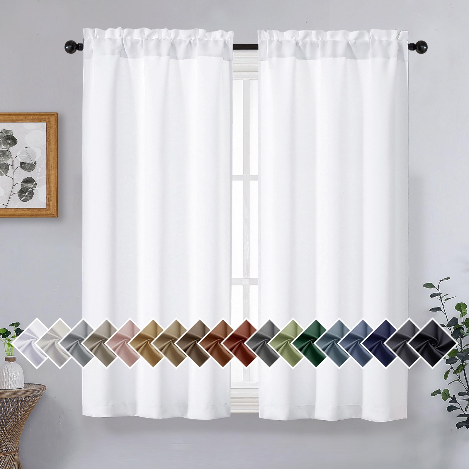 OVZME Pure White Short Curtains 45 Inch Length 2 Panels Set, Solid Thermal Insulated Light Filtering Curtains for Bedroom, Soft Fabric Window Drapes, Dual Rod Pocket Design, 2x40Wx45L Inches