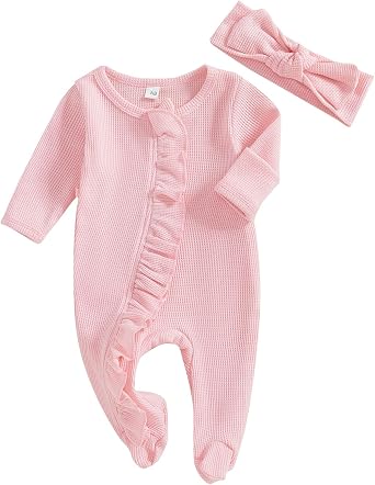 ZAXARRA Newborn Baby Girl Coming Home Outfit Solid Color Ruffle Long Sleeve Footies Romper Infant Fall Bow Headband Clothes