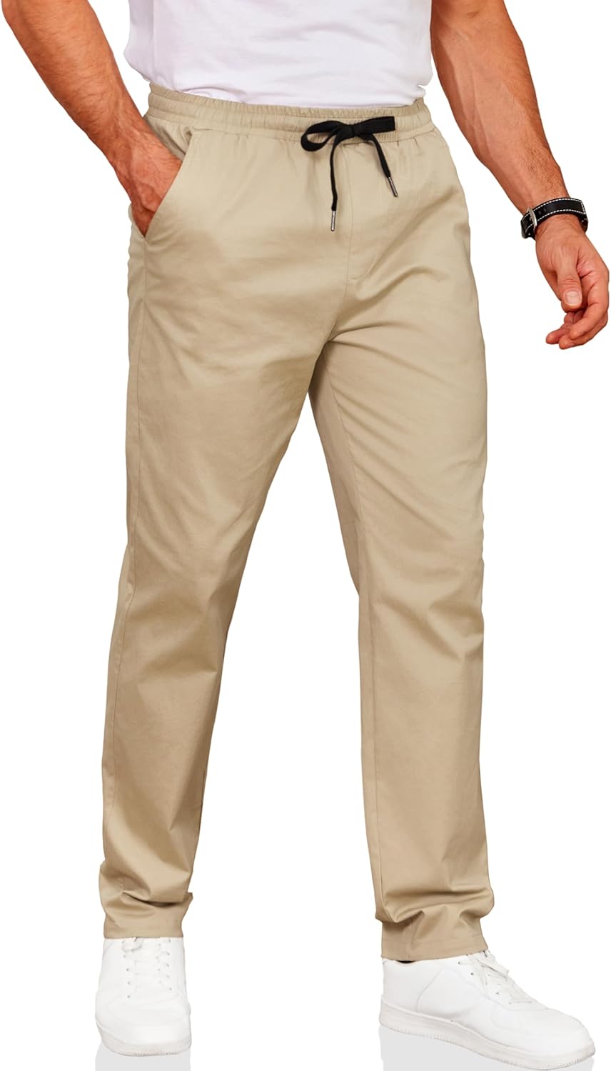 COOFANDY Men's Drawstring Casual Pants Cotton Twill Elastic Waist Chino Pants