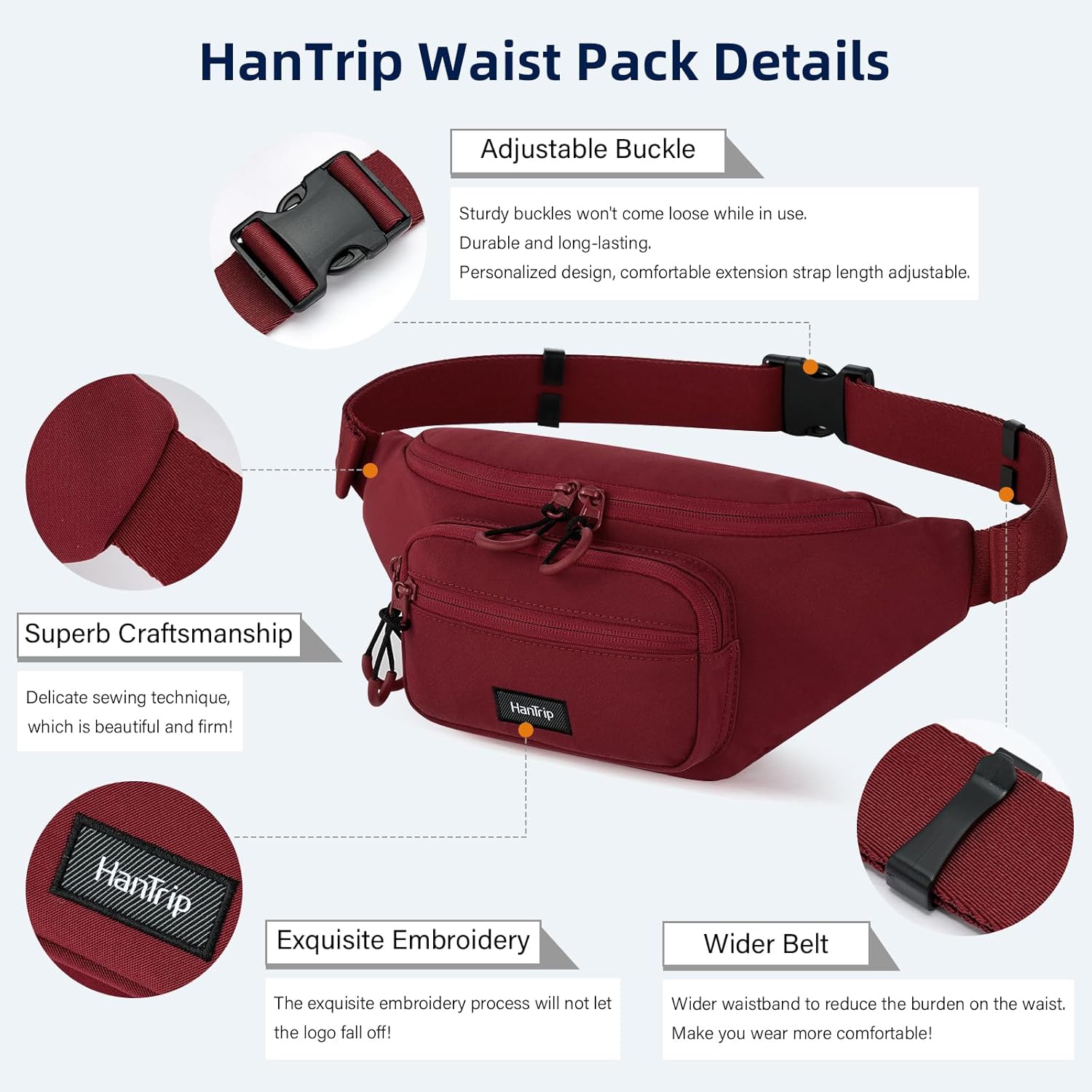 Fanny Packs for Women Men, Large Travel Fanny Pack Lightweight Crossbody Waist Bag Large Capacity, Water Resistant Belt Bags with Adjustable Strap for Hiking, Cycling (Burgundy) - Image 5