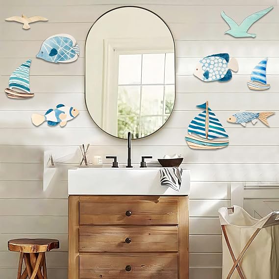 Xisakaca 9pcs Wood Sailboat Wall Decor, Wooden Seagull Beach Coastal Theme Ocean Art Wall Sculpture, Vintage Fish Ornaments for Home Lake House Bathroom Kid's Room Blue