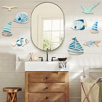 Xisakaca 9pcs Wood Sailboat Wall Decor, Wooden Seagull Beach Coastal Theme Ocean Art Wall Sculpture, Vintage Fish Ornaments for Home Lake House Bathroom Kid's Room Blue