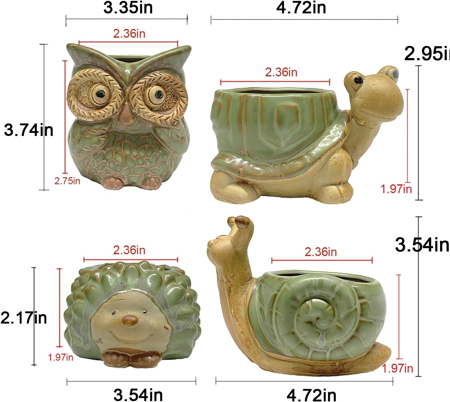 Small Ceramic Succulent Pot with Drainage, Animal Succulent Planter, 4.4 Inch Flower Pots, for Flower, Cactus, Mini Succulent Plants, Indoor and Outdoor use, Set of 4 Garden Gift
