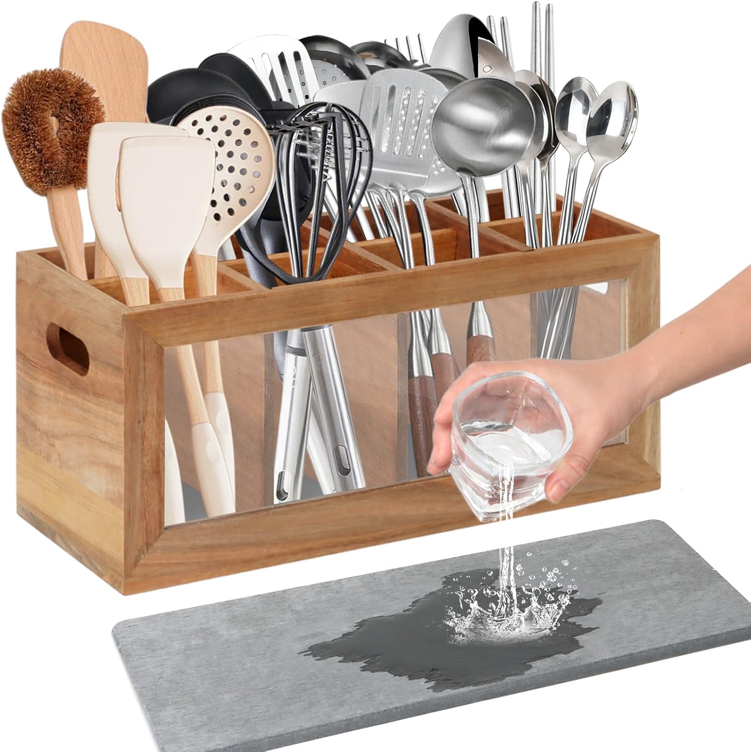Rectangular Kitchen Utensil Holder for Countertop, Extra Large Kitchen Utensils Holder with 8 Compartments and Absorbing Drying Stone, Acacia Wood Silverware Caddy Organizer for Farmhouse Decor