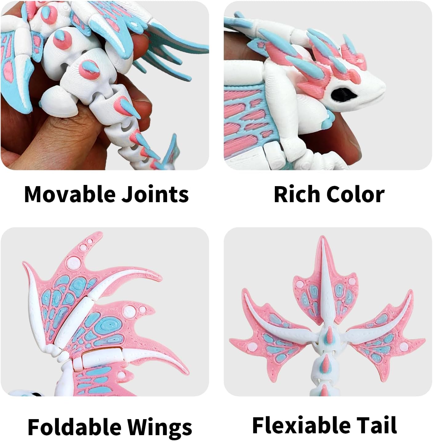 2 Pcs 3D Printed Dragon with Wings, 7" 3D Printed Flexible Articulated Dragon Animals Fidget Toys for Home Office Decor, Easter Basket Stuffers Essentials for Girl, Boy Birthday (2 Pcs Wing Dragon)