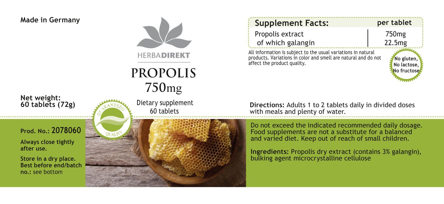 Propoli 750mg - 60 Compresse - 22,5mg Galangina | HERBADIREKT by Warnke Vitalstoffe - Qualità da farmacia tedesca