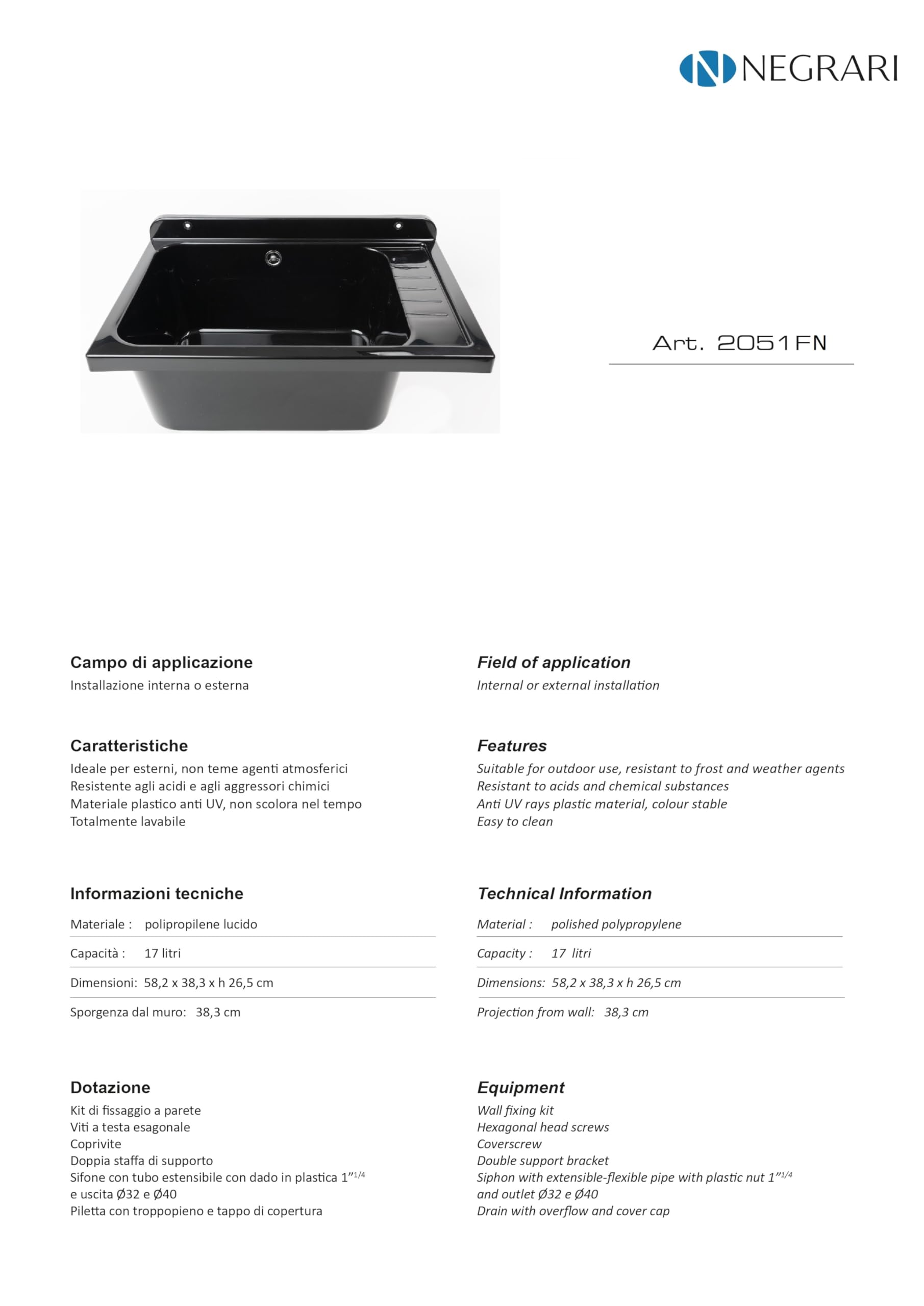 Negrari Fregadero de pared 2051FNAM de polipropileno negro con piletón de metal, resistente a los agentes atmosféricos, incluye kit de fijación y kit de desagüe, para exterior 58 x 38 x 21 cm