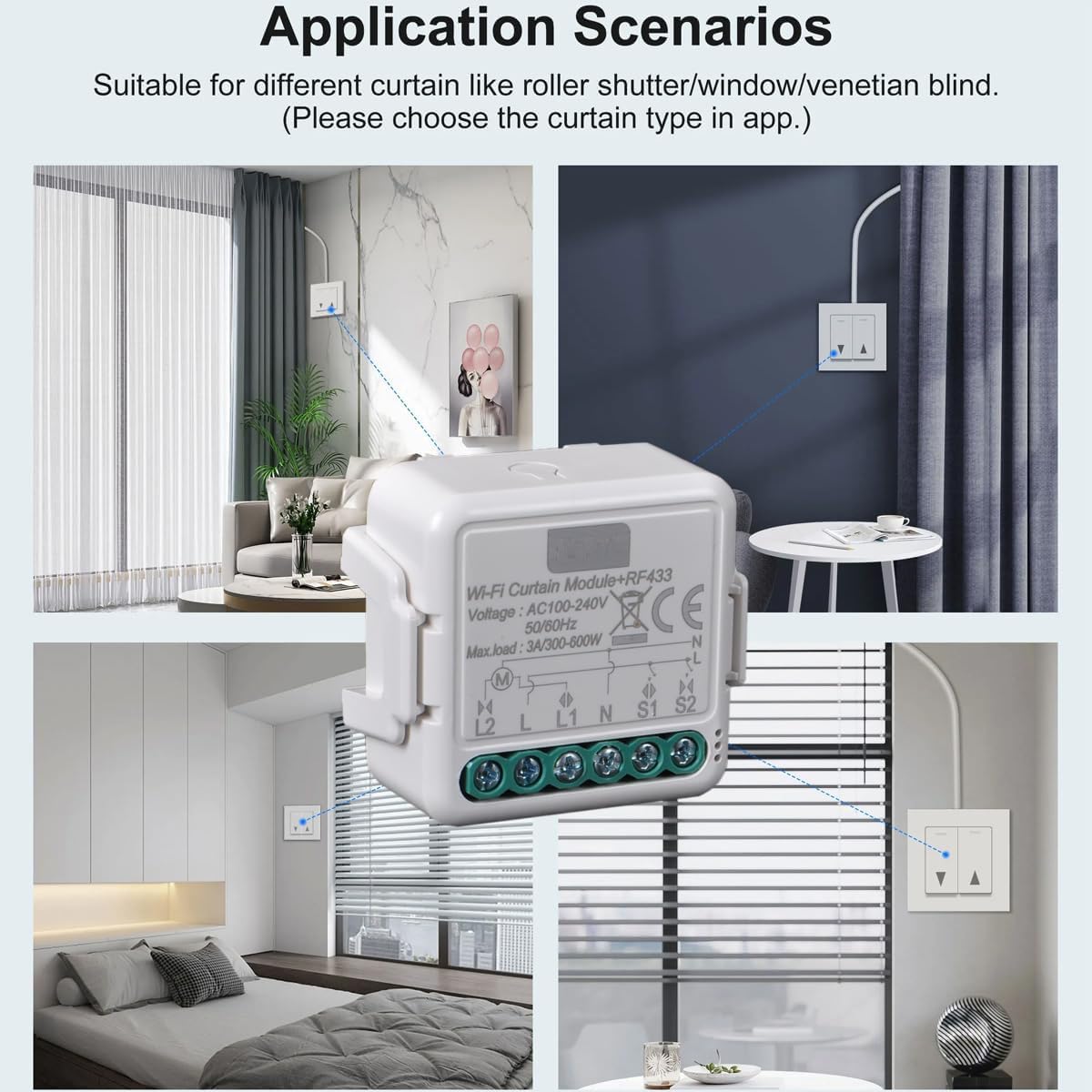Yueyang Interrupteur de Volet Roulant WiFi+RF, Télécommande pour Volets Roulants Électriques, Compatible avec Alexa, Relais RF Switch, Smart Life App, Minuterie Switch Volets