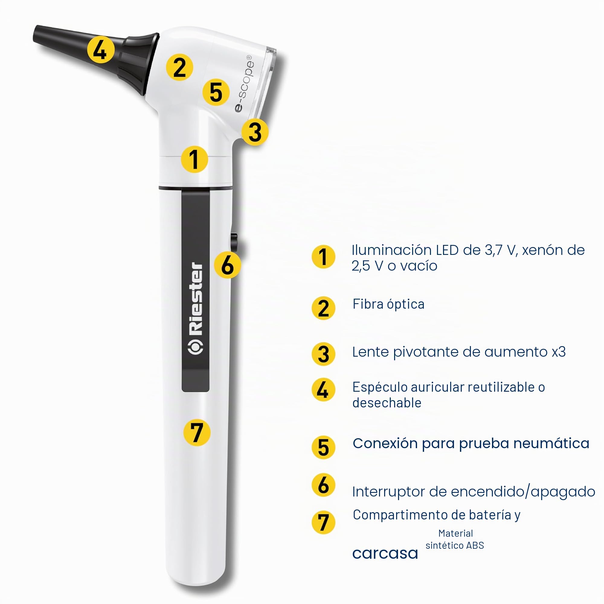 Riester Otoscopio E-SCOPE F.O. led 3,7V, blanco en maletín rígido, 31552