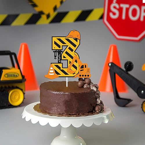 Miniatura 4 de Decoración para pastel de tercer cumpleaños de construcción para niños, niños, niñas, camión, excavadora, montacargas, bulldozer, rodillos de