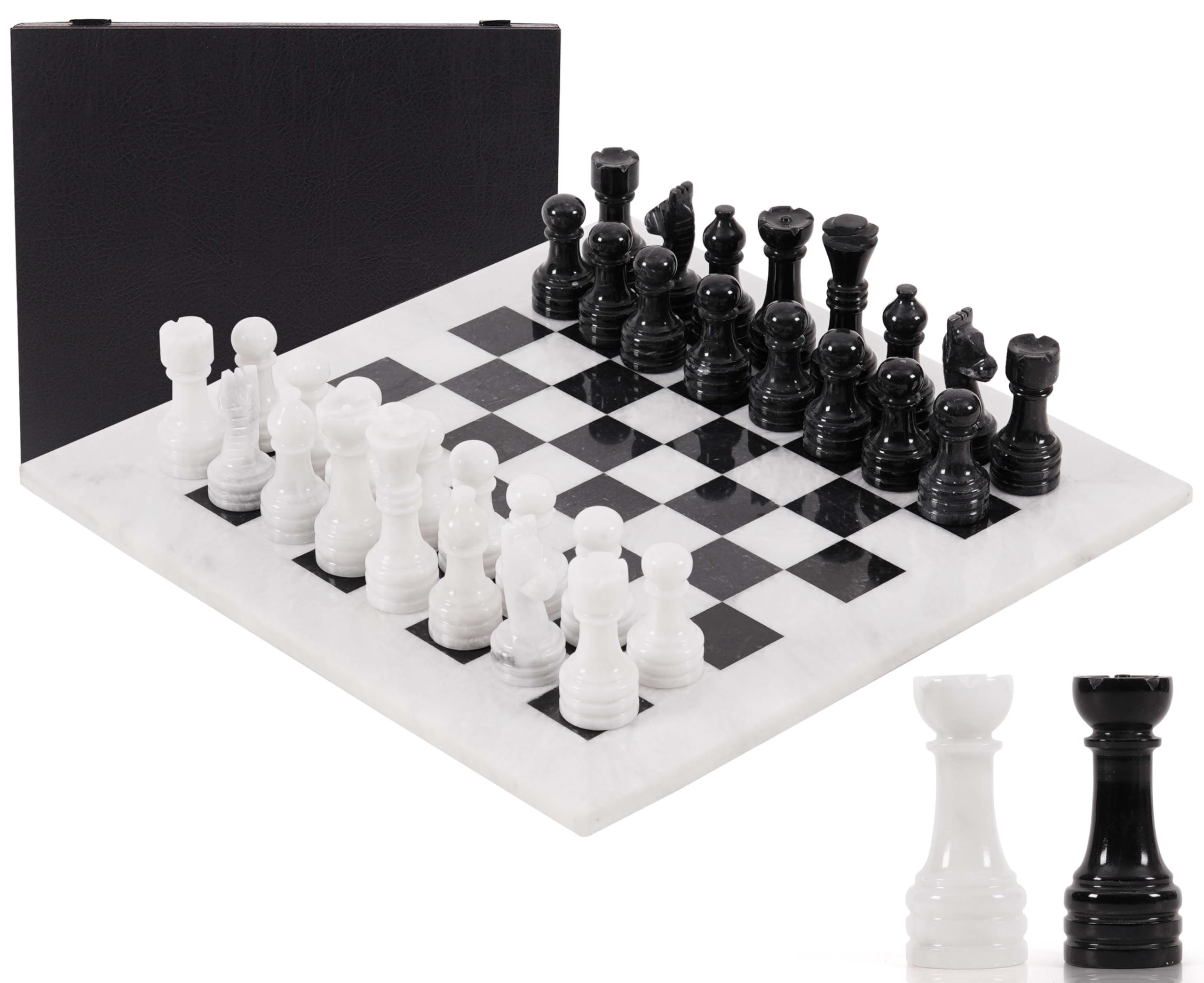 Marble Chess Set for Adults 15" Handmade Coral & Dark Brown Board Game with 32 Chess Pieces, 2 Extra Queens & Storage Box, Luxury Travel Game, Elegant Gift for Home Decor (White & Black) — image 1