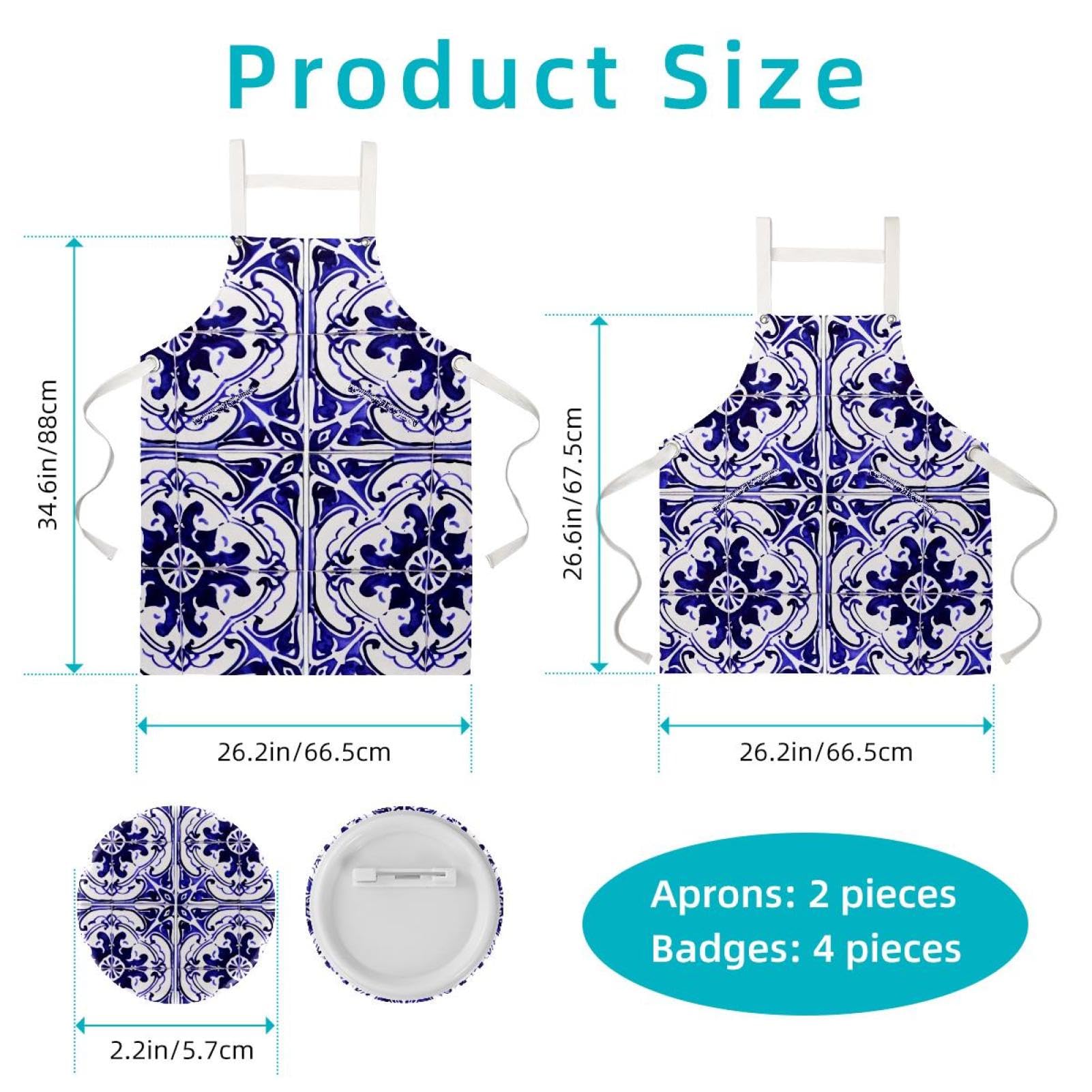 Lot de 2 tabliers de cuisine en lin pour homme et femme, motif mandalas traditionnels ornés de carreaux avec 2 poches réglables, Mandalas décoratifs traditionnels,