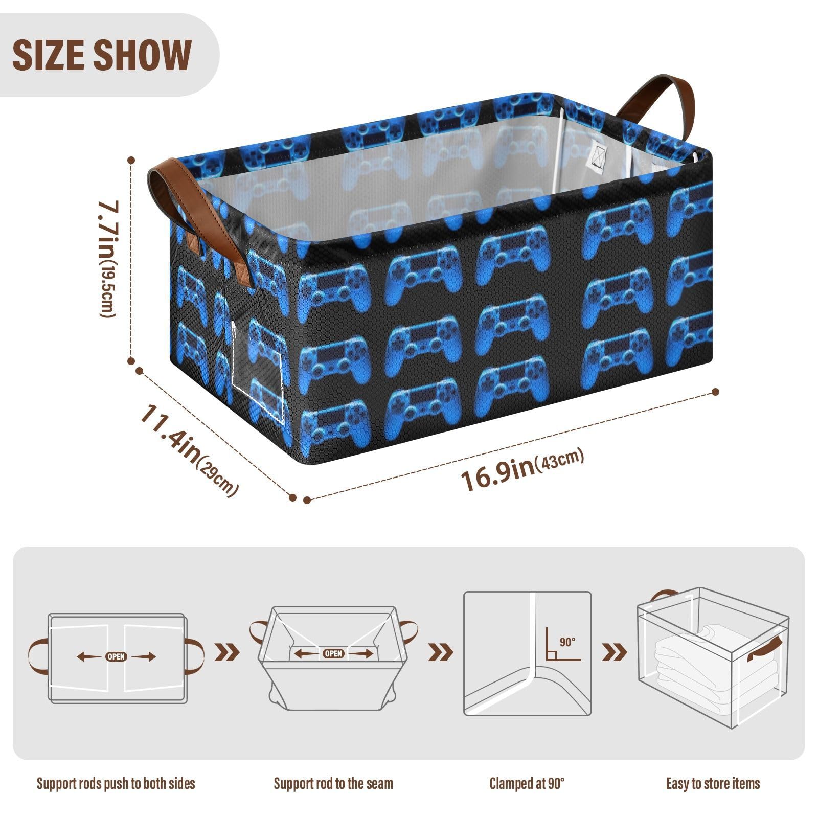 Fygkptb Video Game Joystick Gamepad in Blue Neon Lights Isolated on Black 1 PC Rectangle Foldable Frame Basket Leather Handles Storage Bin for Laundry Bathroom Organizer 16.9 x 11.4 x 7.7 inch