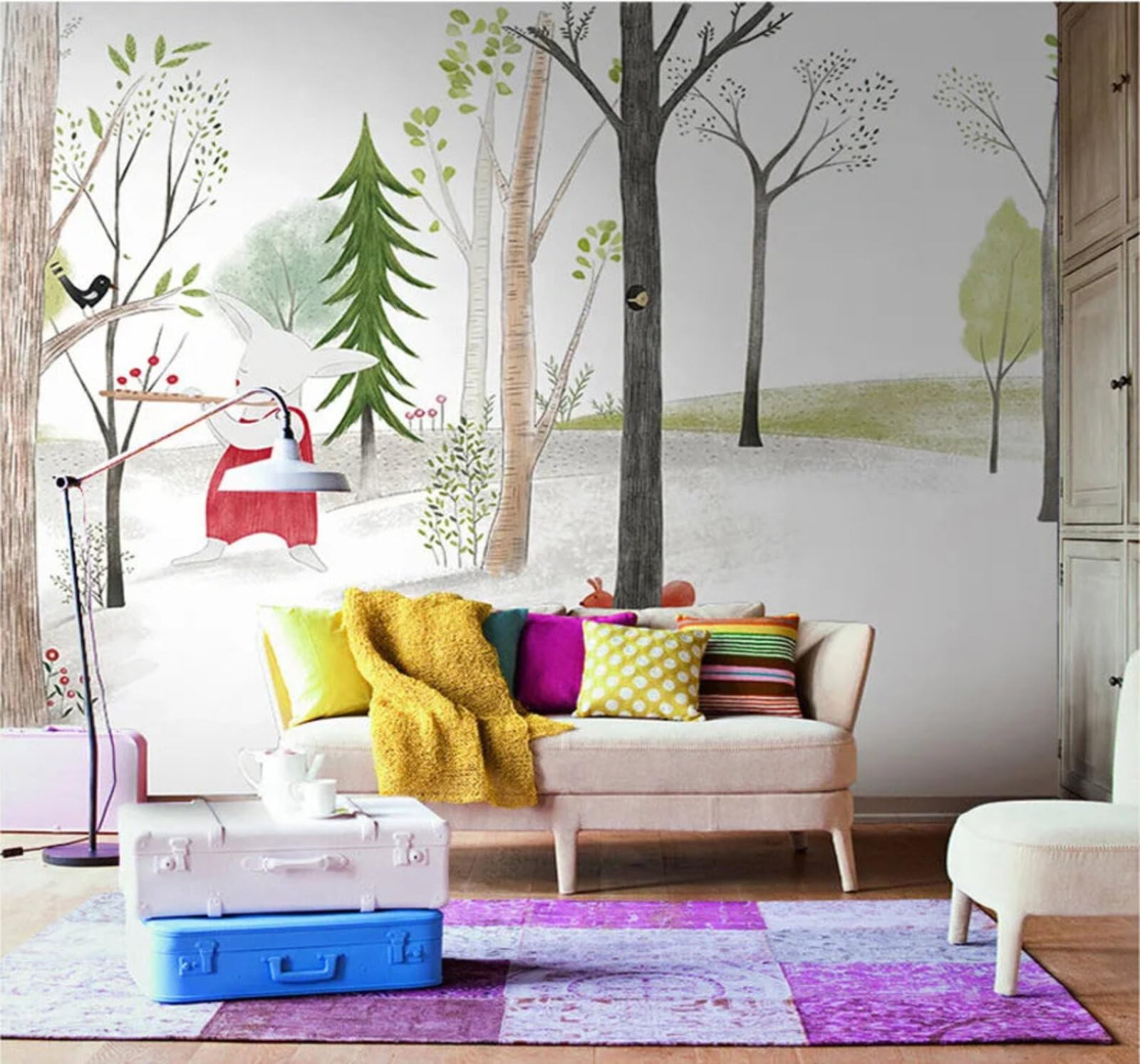 Tzxztt Minimalist Cartoon Animals Rabbits Woods Modern 3D Wallpaper Premium Textured Silk Neutral Tones Material Ideal for Living Room Bedroom-250cm×170cm