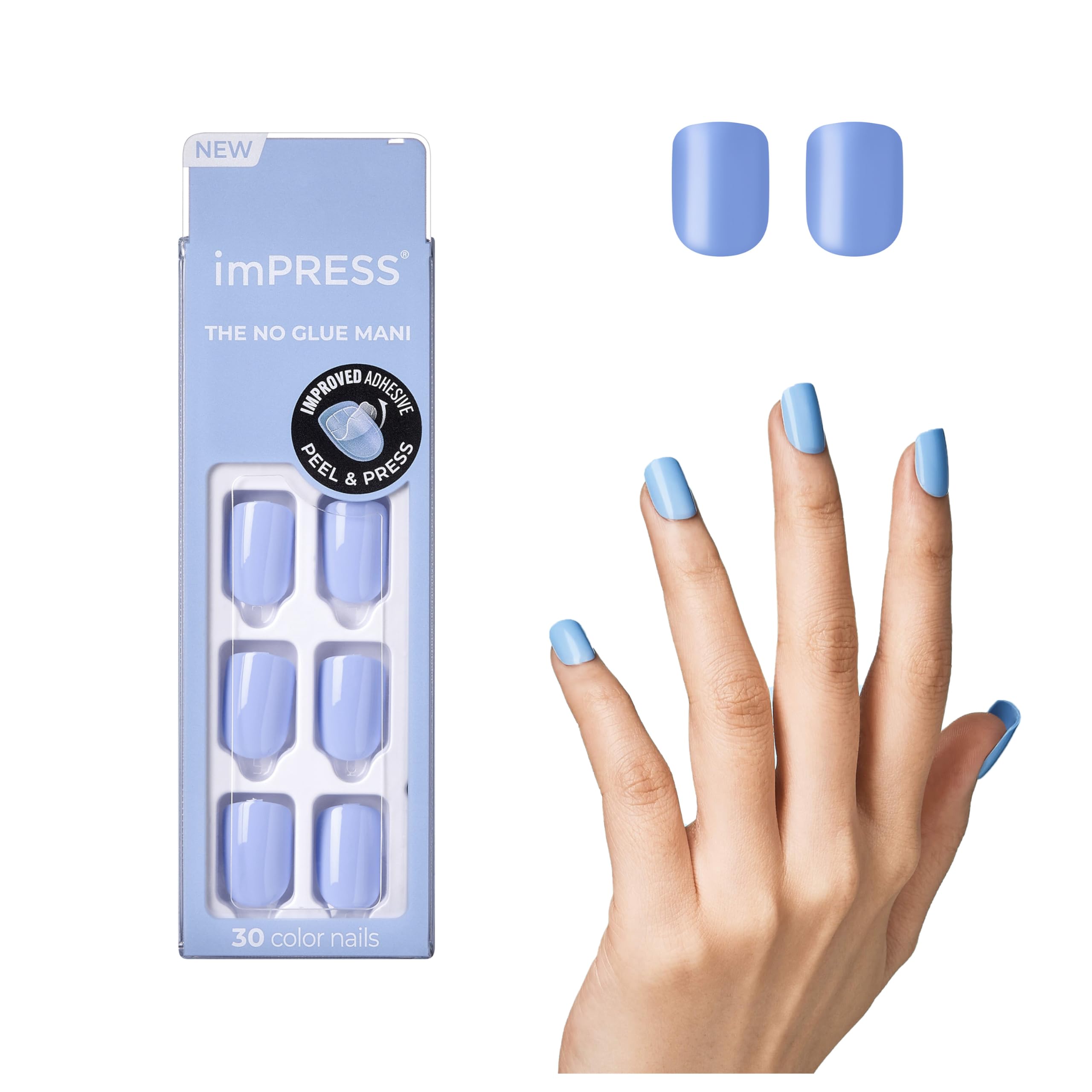 KISS imPRESS Color Press-On Manicure, Gel Nail Kit, PureFit Technology, Short Length, ââ‚¬Å“Baby Why So Blueââ‚¬Â, Polish-Free Solid Color Mani, Includes Prep Pad, Mini File, Cuticle Stick, and 30 Fake Nails