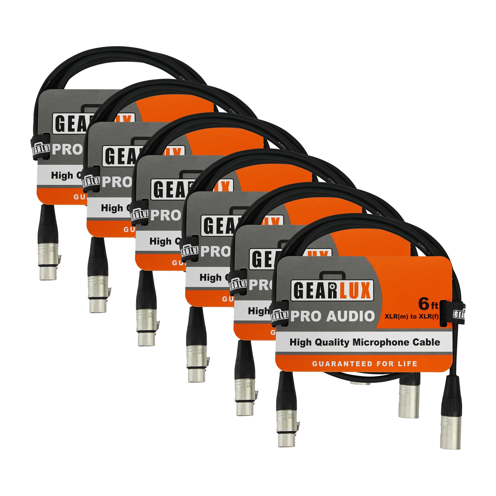 Gearlux XLR Microphone Cable, Fully Balanced, Male to Female, 6 Feet - 6 Pack