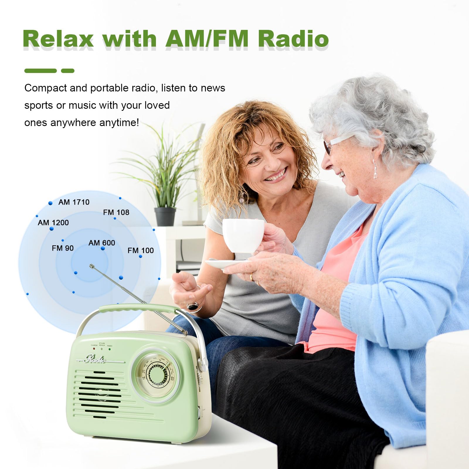 Radios Portable AM FM, Bluetooth Speaker Portable Radio, Support USB/SD Card/Headphone Jack Playing for Home/Outdoor, Small Gifts for Seniors Elderly?Green?-Power Plug or 4 x C Battery
