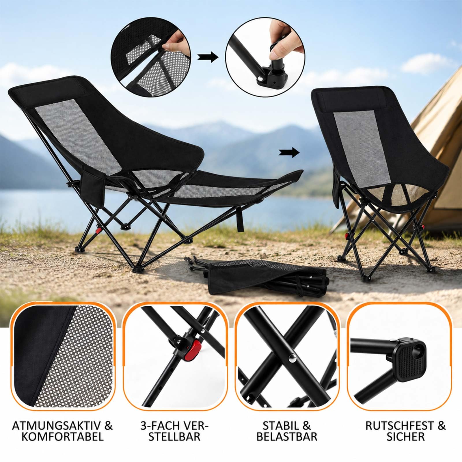 Jadive Set 4 Sedie da Campeggio 2 in 1 con Poggiapiedi 150kg – Sedia Pieghevole con Schienale Regolabile 3 Posizioni, Poltrona Relax per Campeggio, Spiaggia e Outdoor