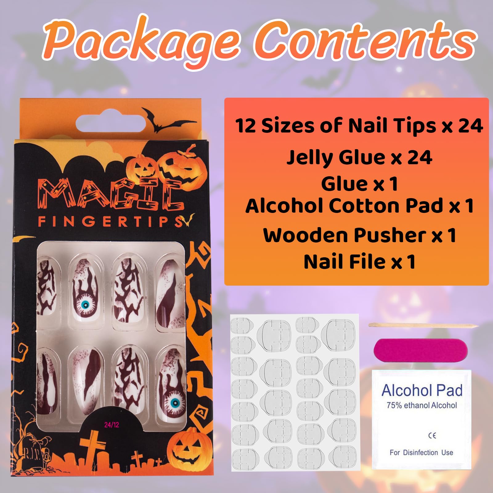 Muswarm Halloween Press on Nails, Medium Size Pointed Short Almond Fake Nailkit, 24pc 3D Skull and White Bone Nail, Halloween Decorations, with Tools: Halloween-02