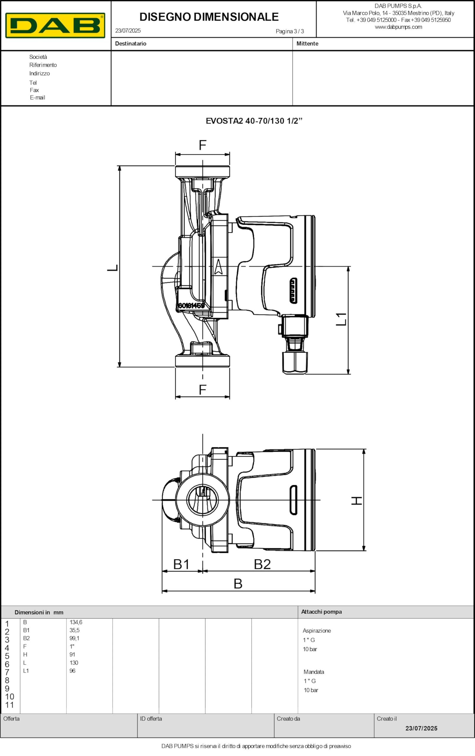 Circolatore DAB Evosta 2 40-70/130 (1/2") con attacchi pompa filettati G 1" per impianti di riscaldamento e condizionamento