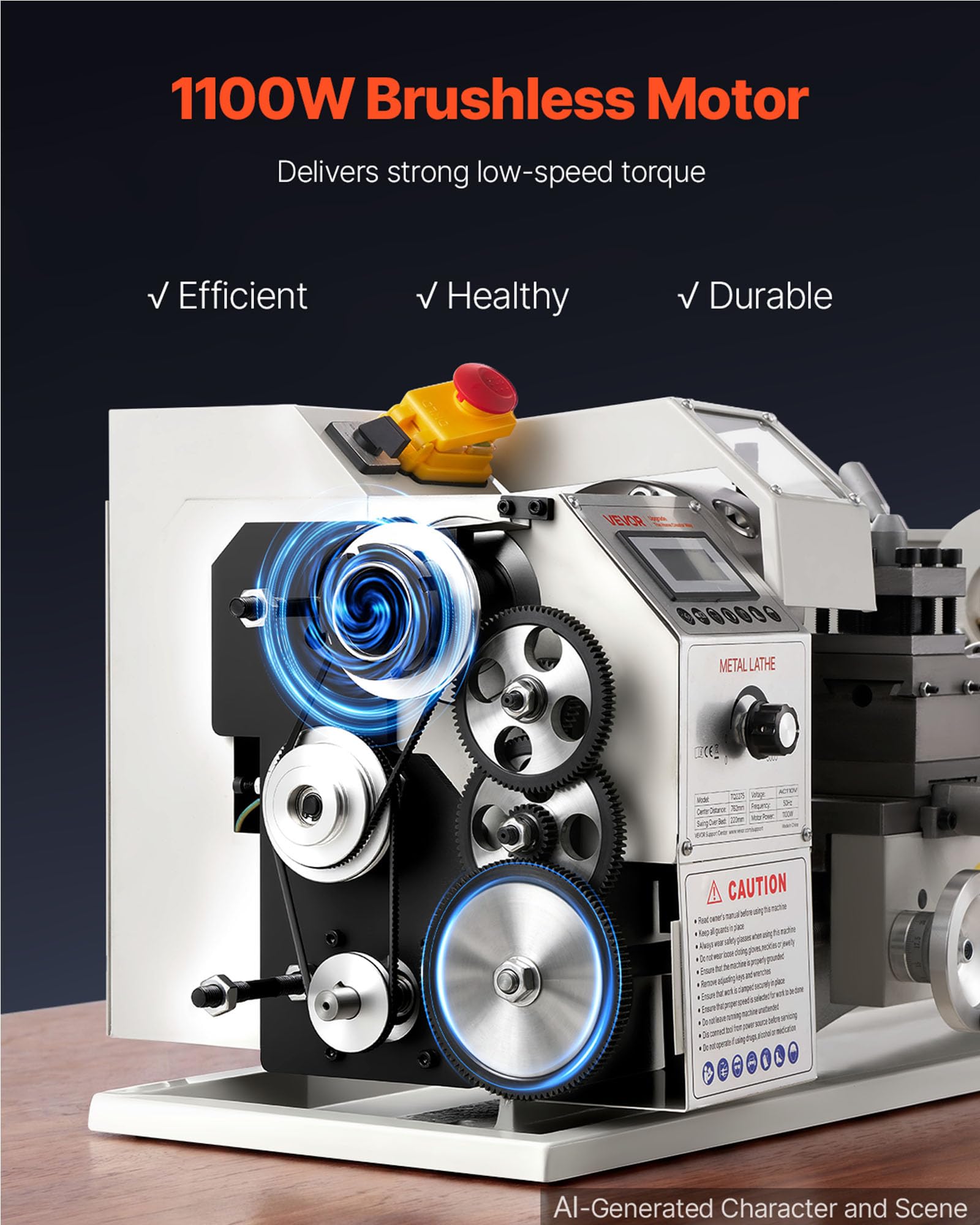 VEVOR Tornio da Banco Metalli 1100W Ingranaggi 220x762mm Motore Brushless