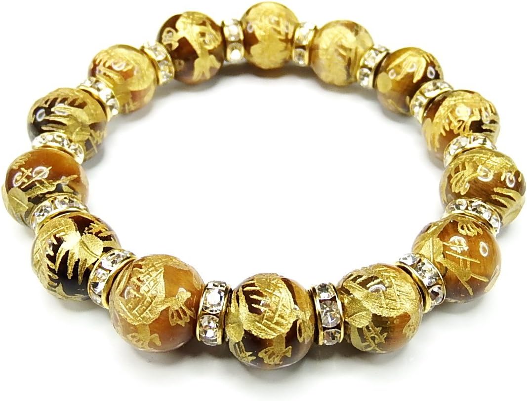 [石街] 天然石 タイガーアイ 龍 金箔 手彫りブレスレット 約12mm前後 ロンデル 数珠