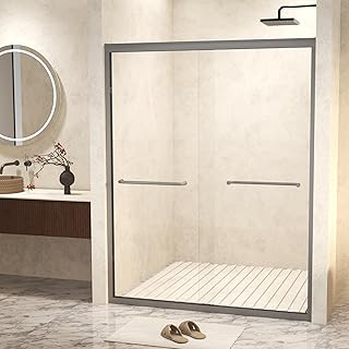 56-60" W x 72" H Semi-Frameless Double Sliding Shower Door, Tempered Glass Adjustable Width, Explosion-Proof Film, Walk-in Shower Compatible, Ash Grey