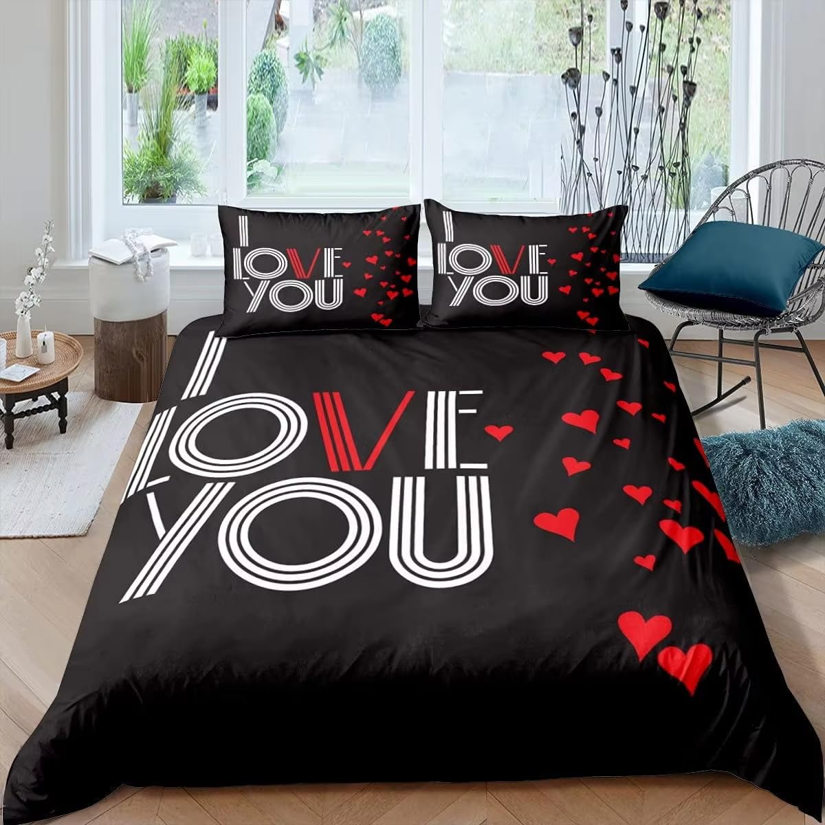 Housse de couette cœur rouge microfibre anti-plis pour lit simple facile à laver