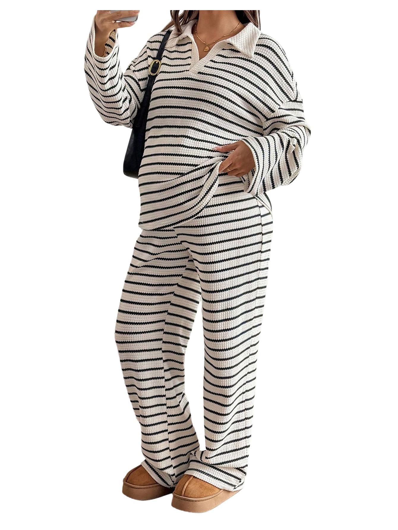 Women Maternity Sets 2 Piece Striped Lounge Set Long Sleeve Shirt with Pants Comfy Clothes-image-9