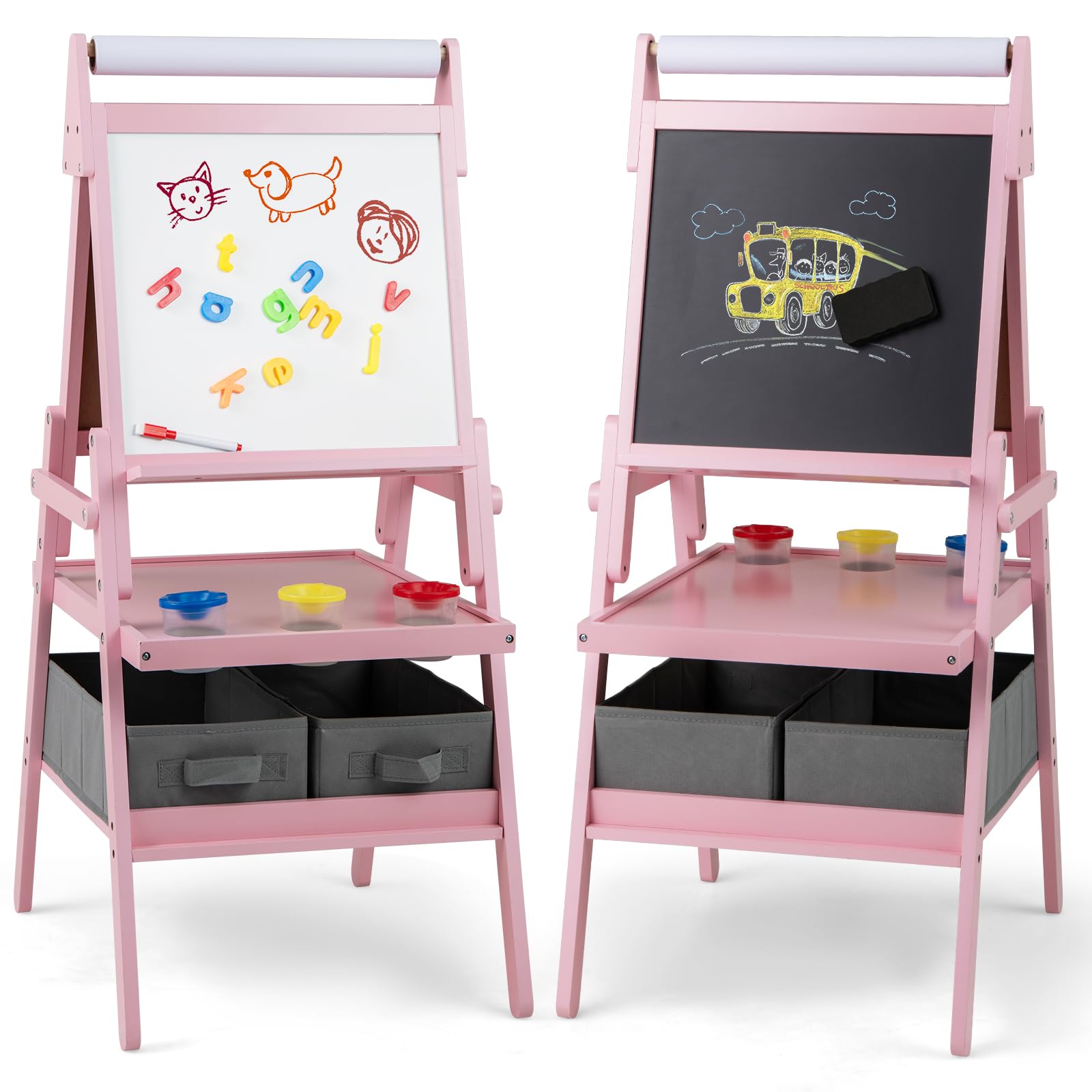 COSTWAY Chevalet D'Art 3 En 1 Enfant - Tableau Noir Blanc Magnétique Avec Rouleau Papier Et Bacs Rangement, Gris