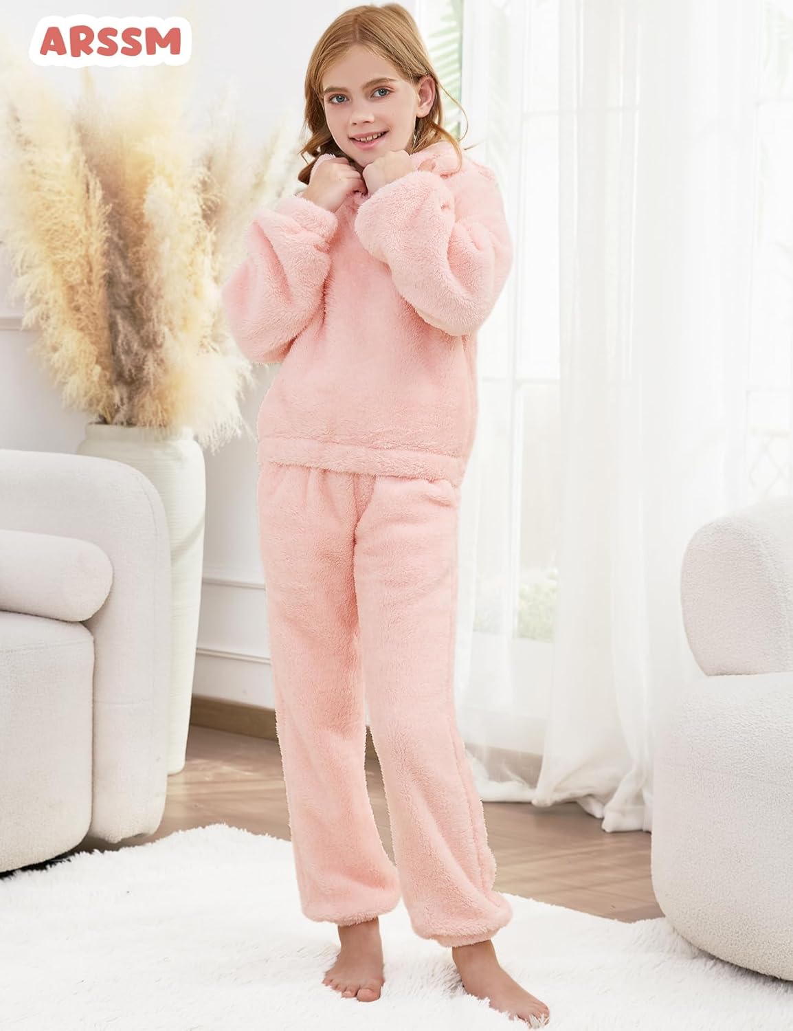 Arssm Girls Fuzzy Pants Set Bear Ear Fuzzy Hoodie Sweatshirt and Sweatpant Kids Clothing Sets - Image 3