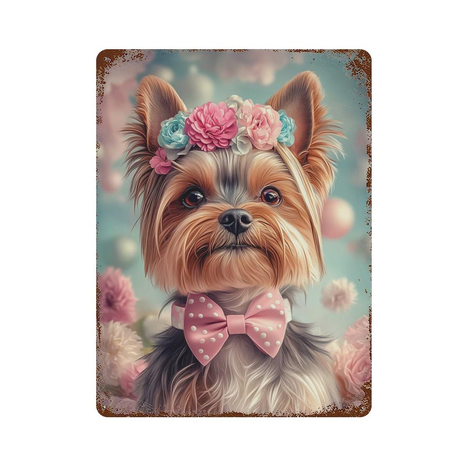Garage Style Yorkshire Terrier with Flower Crown Decorative Tin Sign 15.7"x11.8", Rustic Home Decor for Bar And Workshop