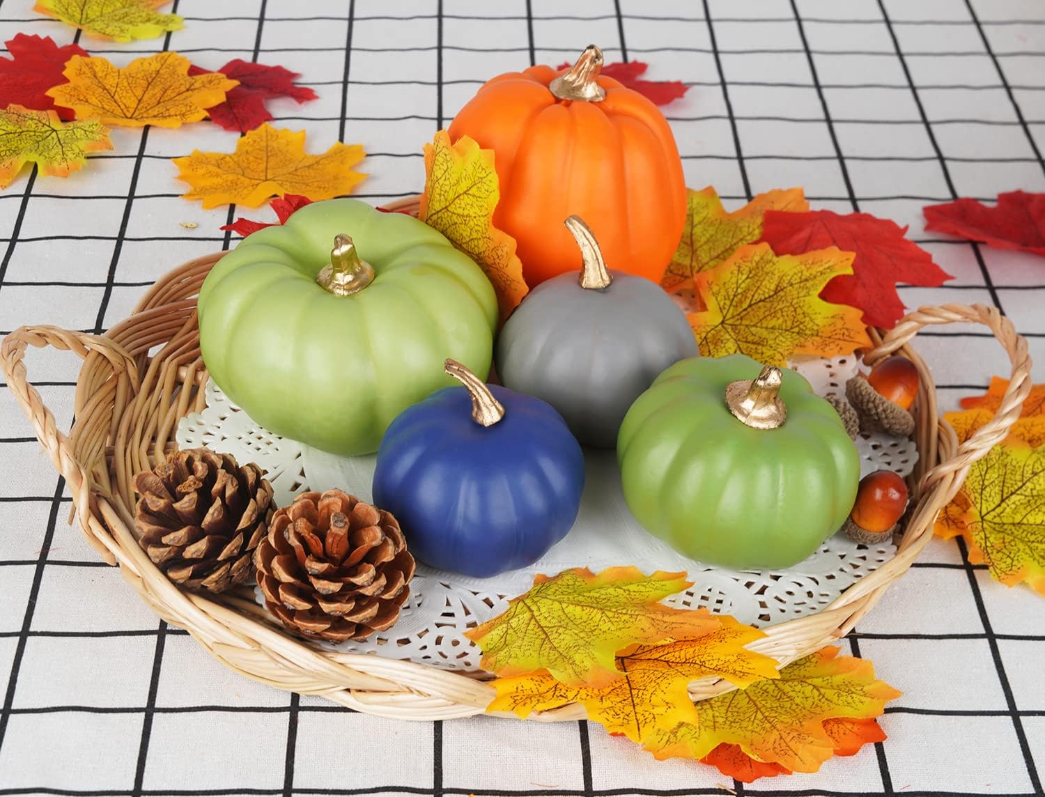 Artmag Package of 12 Pcs Fall Artificial Pumpkins Assorted Sizes Colorful Pumpkins for Autumn Festival Thanksgiving Halloween Party Decor Decorations