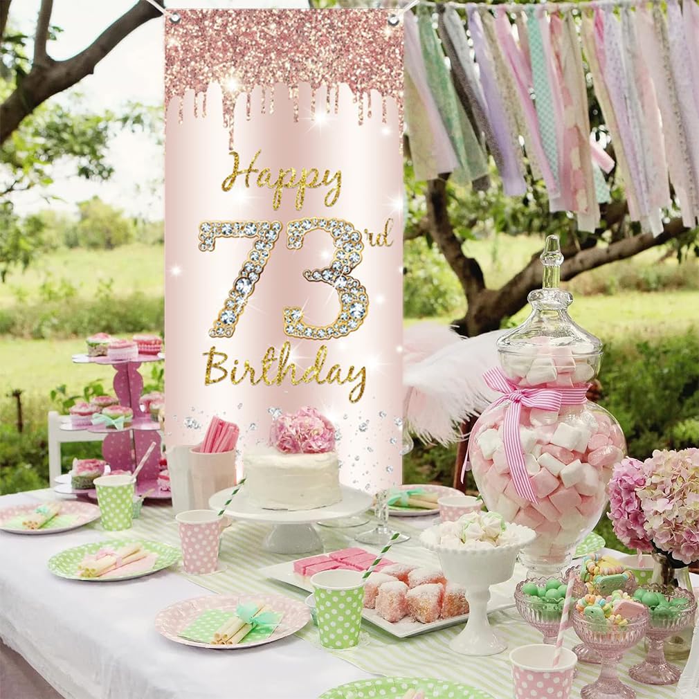 73. urodziny dekoracja damska, Happy 73rd Birthday Door Banner różowe złoto, 73. urodziny tkanina tabliczka plakat dekoracja drzwi, 73. urodziny tło baner damski, przyjęcie urodzinowe tabliczka