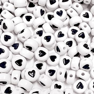 600Pcs White Acrylic Black Heart Bead Round Acrylic Love Beads Mixed Color Plastic Loose Spacer Beads,Perfect for Match Letter Bead for Jewelry Making,DIY Bracelets, Necklaces, Key Chains