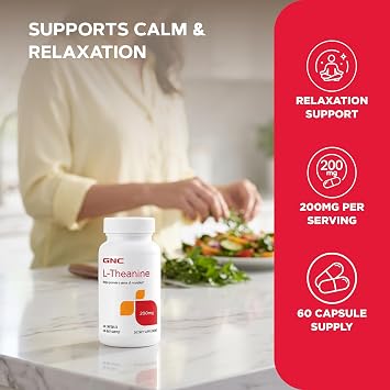 GNC L-Theanine 200mg, Promotes Relaxation, 60 Capsules | Promotes Relaxation, Supports Calm During Stress, Offers Calming Support for PMS, Supports a Restful Relaxed State