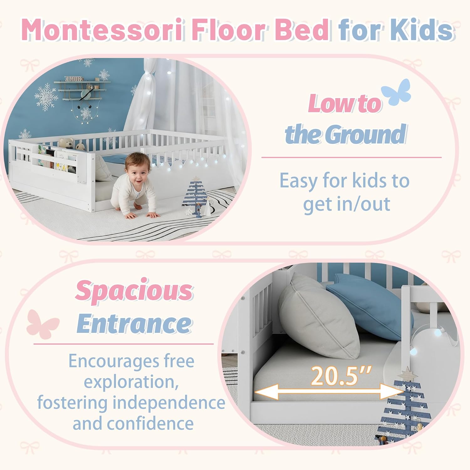 Twin Montessori Floor Bed with High Rails, Wooden Twin Size Bed Frame Kids with LED Lights & Storage Shelf, Montessori Beds Frames for Kids, Girls, Boys, White