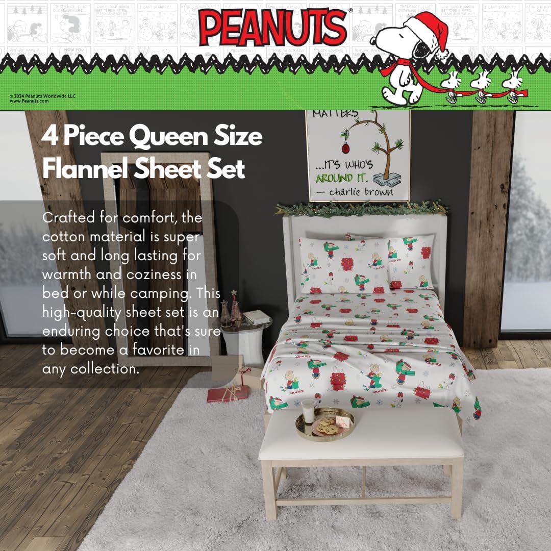 Peanuts® Charlie Brown Holiday & Christmas Bedding Super Soft 100% Cotton Flannel Sheet Set, Queen, (Officially Licensed Product) by Franco