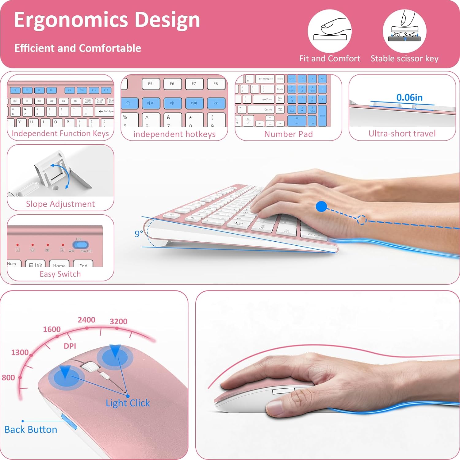Wireless Keyboard and Mouse, GALENMORO Silent Quiet Combo Low Profile USB C Full Size Compact with Number Pad Flat Soft Touch Cordless for Mac Computer PC Laptop MacBook iMac Office - Pink Rose Gold