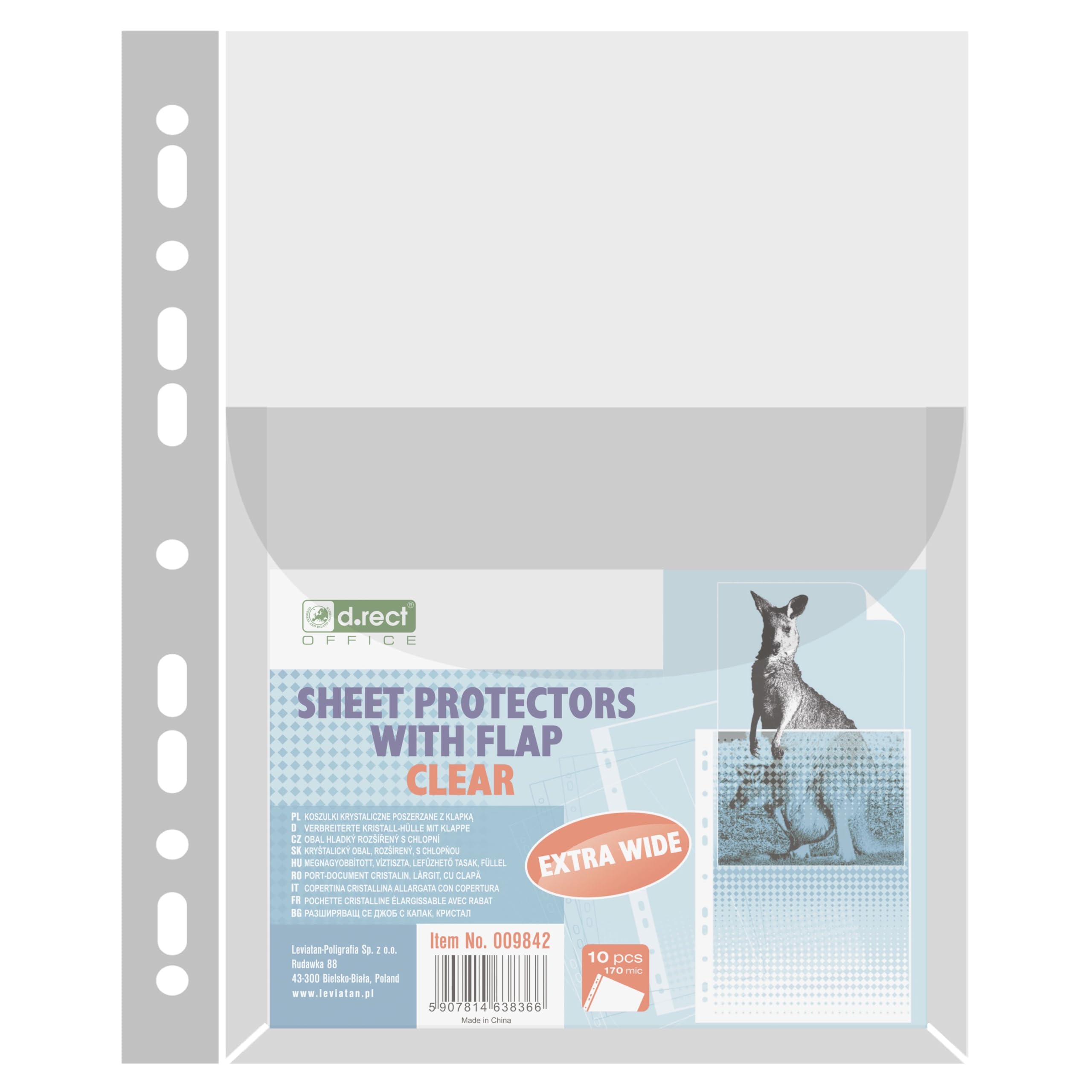 D.RECT 10 A4 Plastic Sleeves with Flap PVC - Transparent Document Sleeves