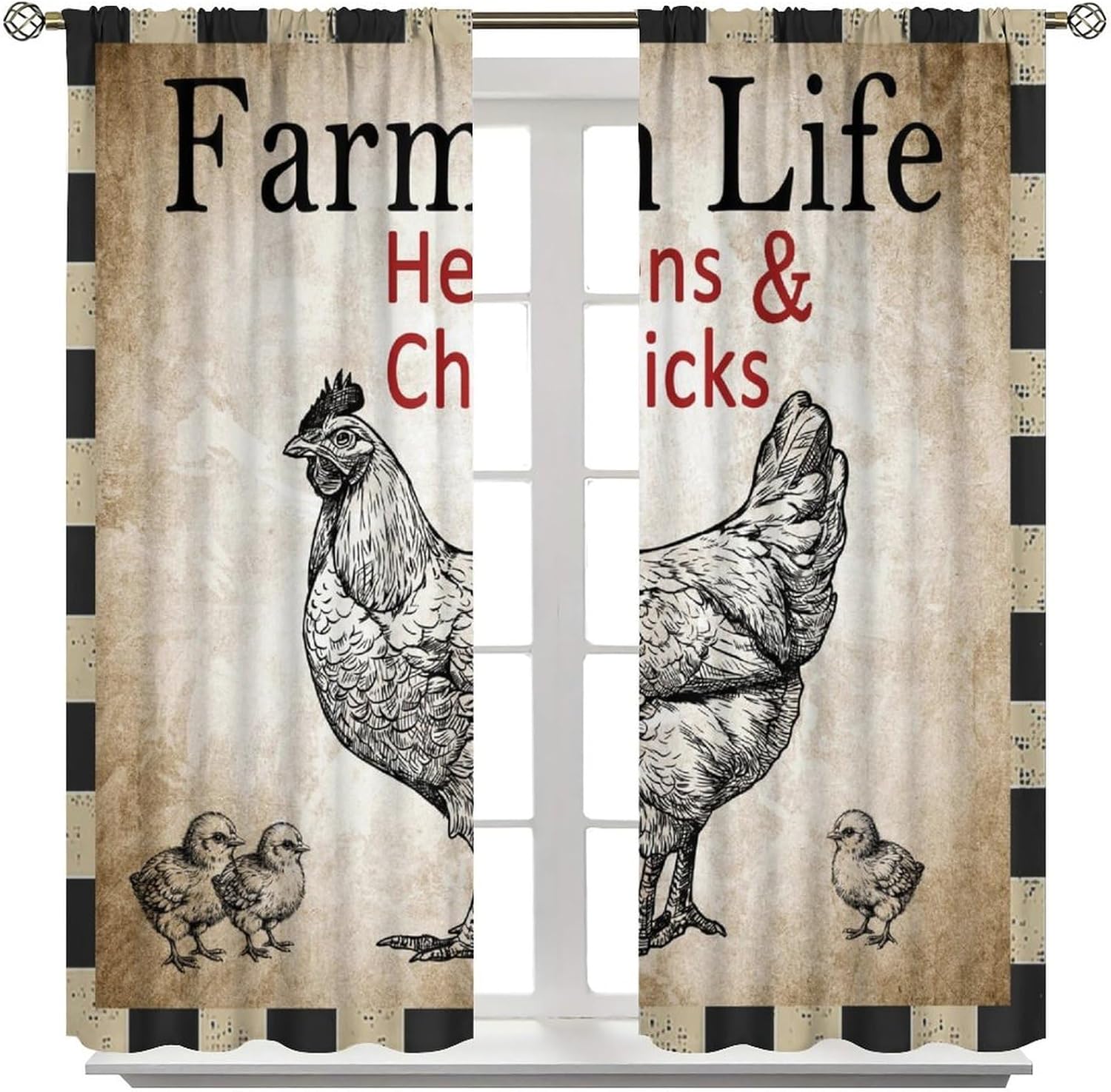 Farm Animal Blackout Curtains, Vintage Rooster Chicken Hen Black White Buffalo Plaid Farmhouse Chick Window Drapery Treatments for Bedroom Living Room 42" W X 45" L