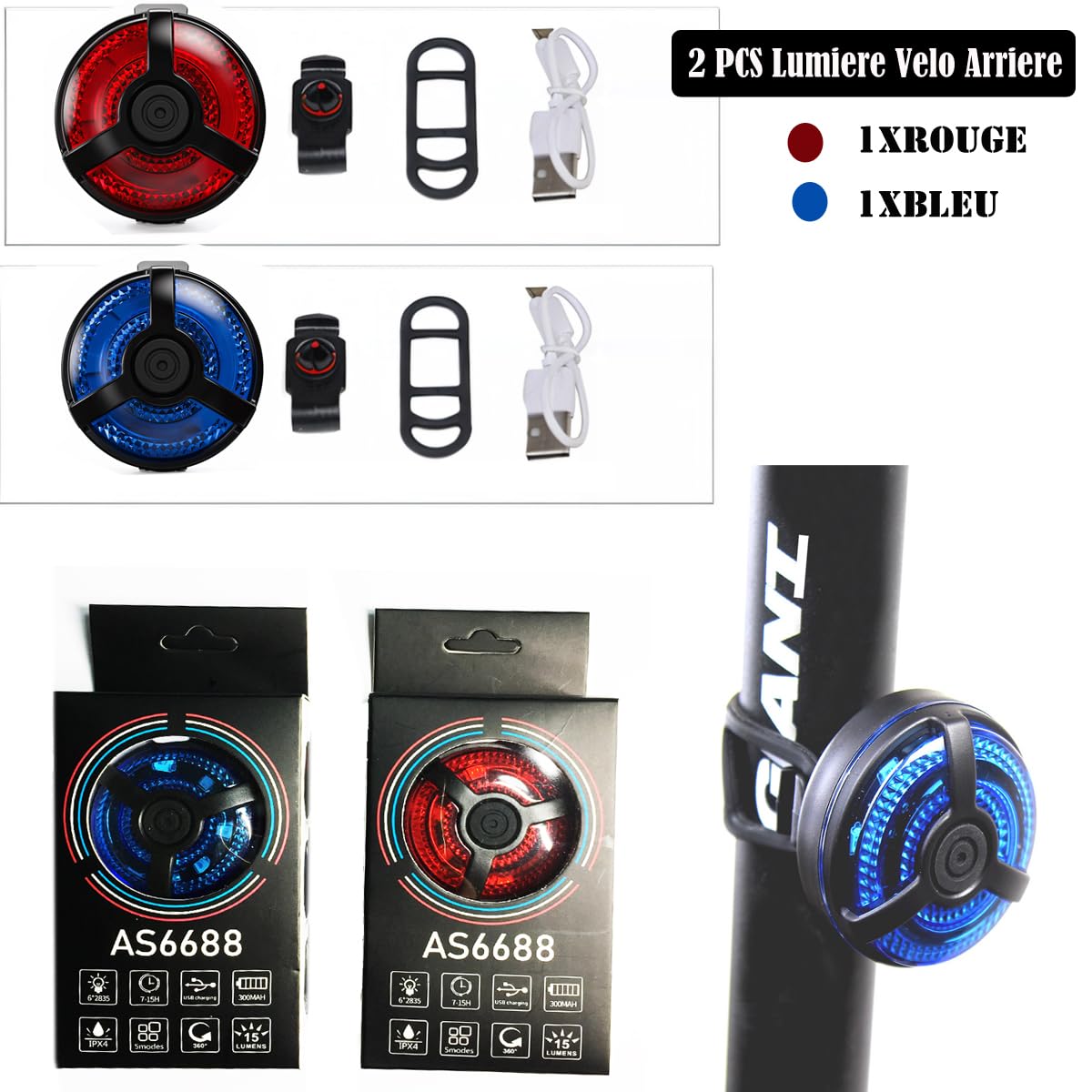 Bike Tail Light 2 Pack, USB Rechargeable LED Bicycle Tail Light Bright Bicycle Rear Cycling Safety Flashlight, 5 Light Mode Options for Adults Kids Men Women Road Mountain(Red Blue)