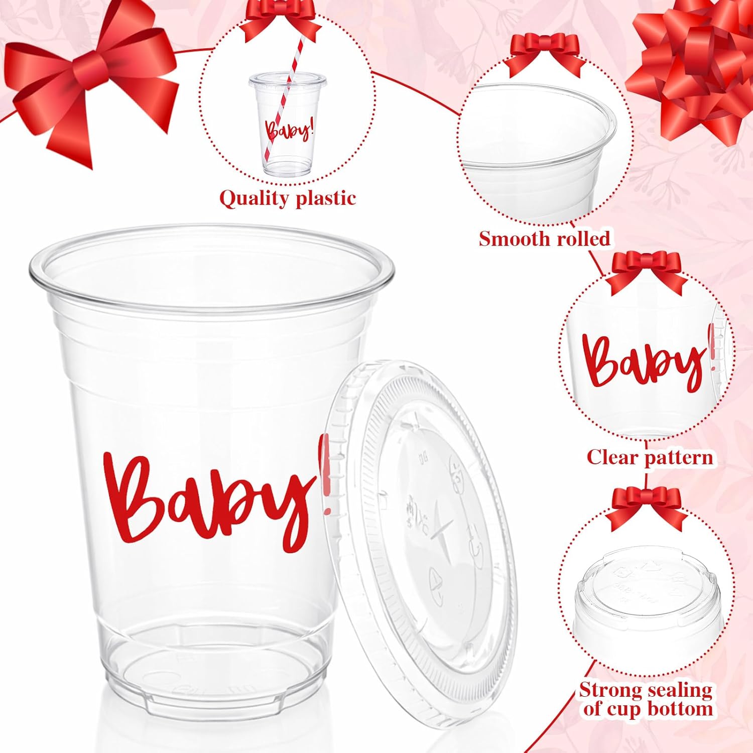50 Sets Ciao Baby Plastic Cup with Straw Ciao Bambino Italian Baby Shower Decoration Supplies Disposable 16 oz Thick Clear Cup Lids Red and White Striped Straws for Table Deco Party Favors