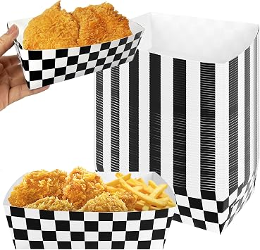 Rainmae 50 Pcs Race Car Food Boats, Disposable Racing Checkered Party Supplies Food Trays, Black and White Paper Serving Trays Two Fast Themed Kids Birthday Party for Hot Dog, Popcorn, Picnics