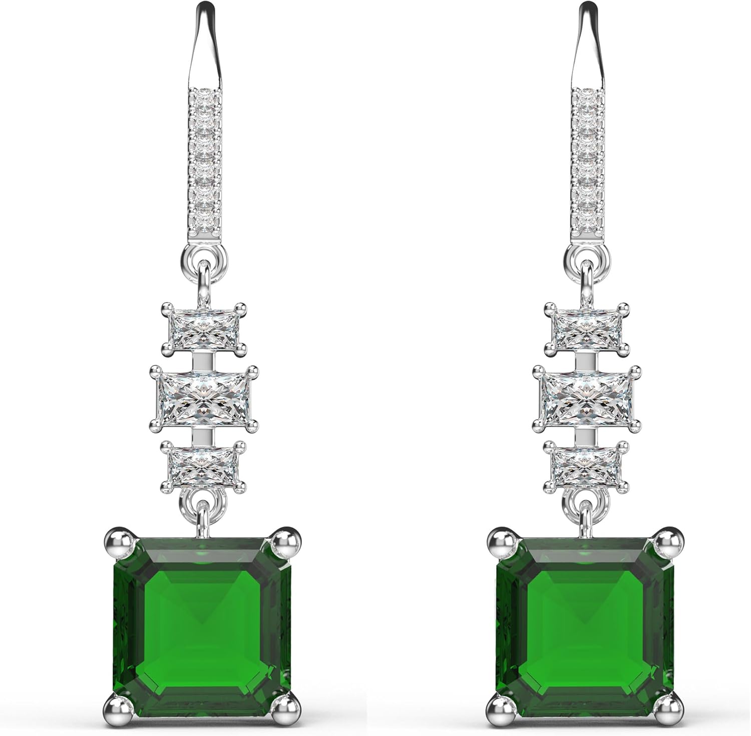 18K White Gold Plated Sterling Silver Asscher Cut Cubic Zirconia Dangle Earrings for Women Square CZ Diamond Drop Dangling Earrings for Women Mom - Image 2