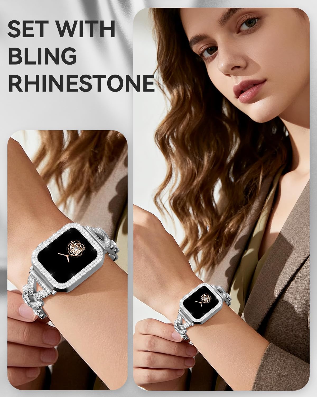 Rhinestones Encrusted Metal Bracelet and Case, Compatible with Apple Watch Bands 38mm-49mm (Series 11/1/SE/Ultra 2)- Bling Gold Women's Jewelry Strap, Luxury iWatch Bracelet with Screen Protector