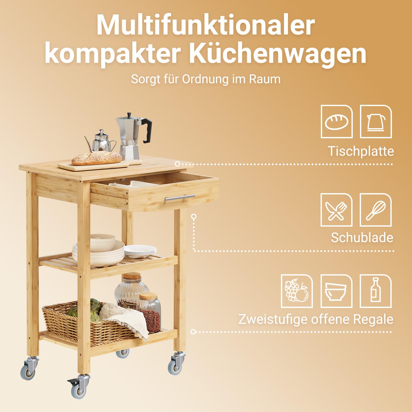 SoBuy Küchenwagen aus karbonisiertem Bambus Küchenwagen Holz Servierwagen mit Rollen – antibakteriell, feuchtigkeitsbeständig, geruchsneutral, ideal für Küche, Esszimmer & Outdoor 58×86×40cm FKW135-N